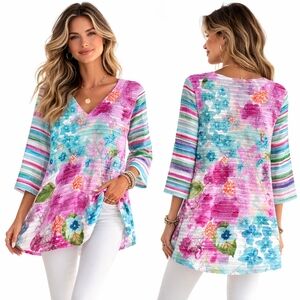 SOFT SURROUNDINGS Tunic Womens Large Pink Blue Floral Pleated Boho Coastal Artsy